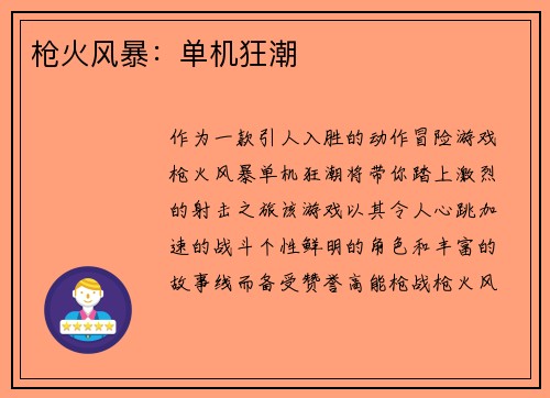 枪火风暴：单机狂潮